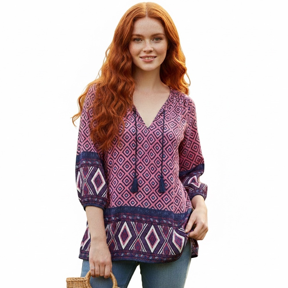 Lucky Brand Boho Peasant Top Geo Print Tassels Tie Lightweight Flowy Relaxed L